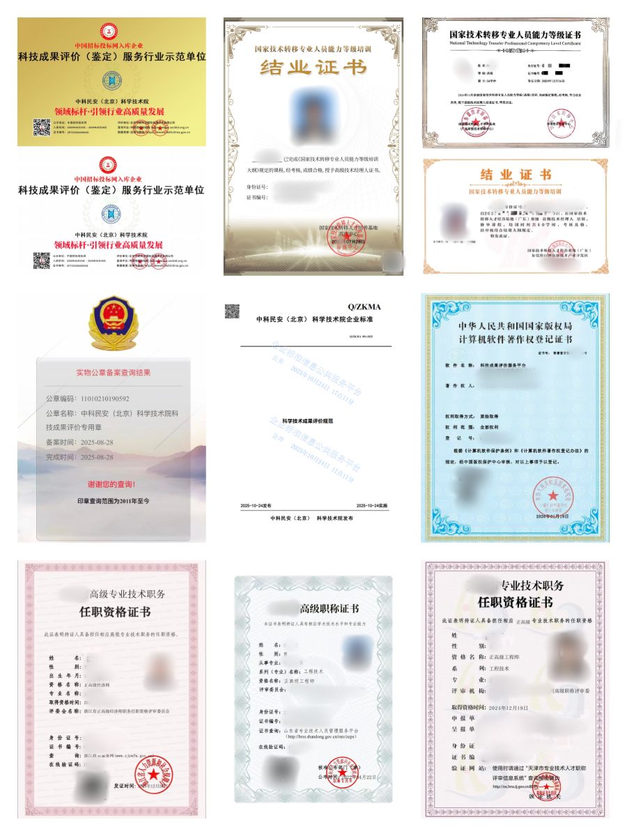 企业和人员证书、荣誉成果
